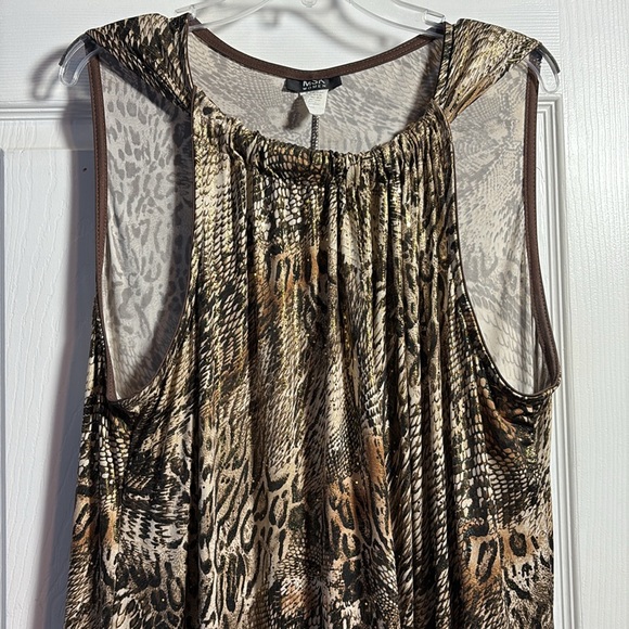 MSK Women Sleeveless Gold Shimmer Ruffle Hem Animal Print Dress Size 2X - Picture 3 of 9